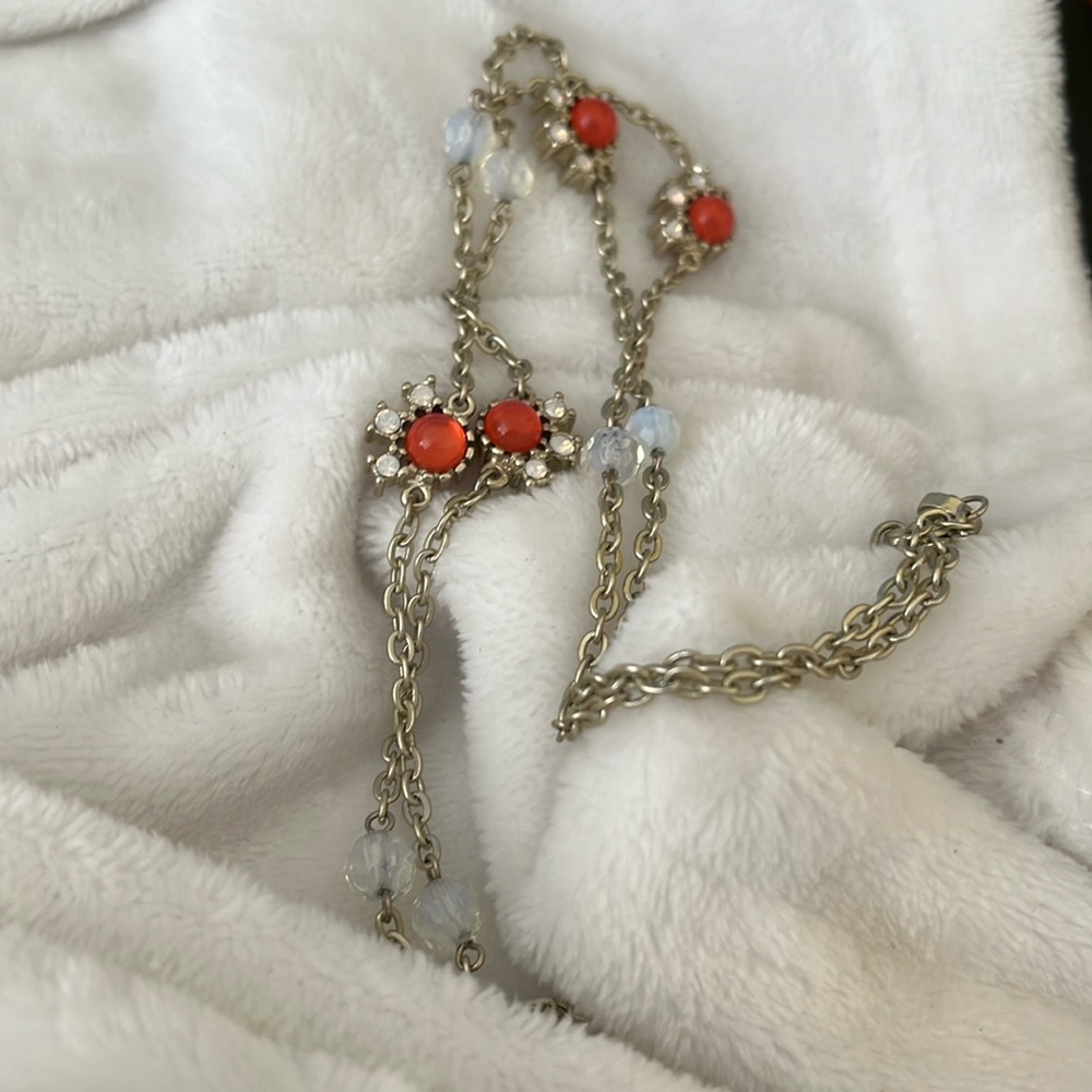 Necklace Loft, moonstone beads, tangerine beads w moonstone accents, gold tone